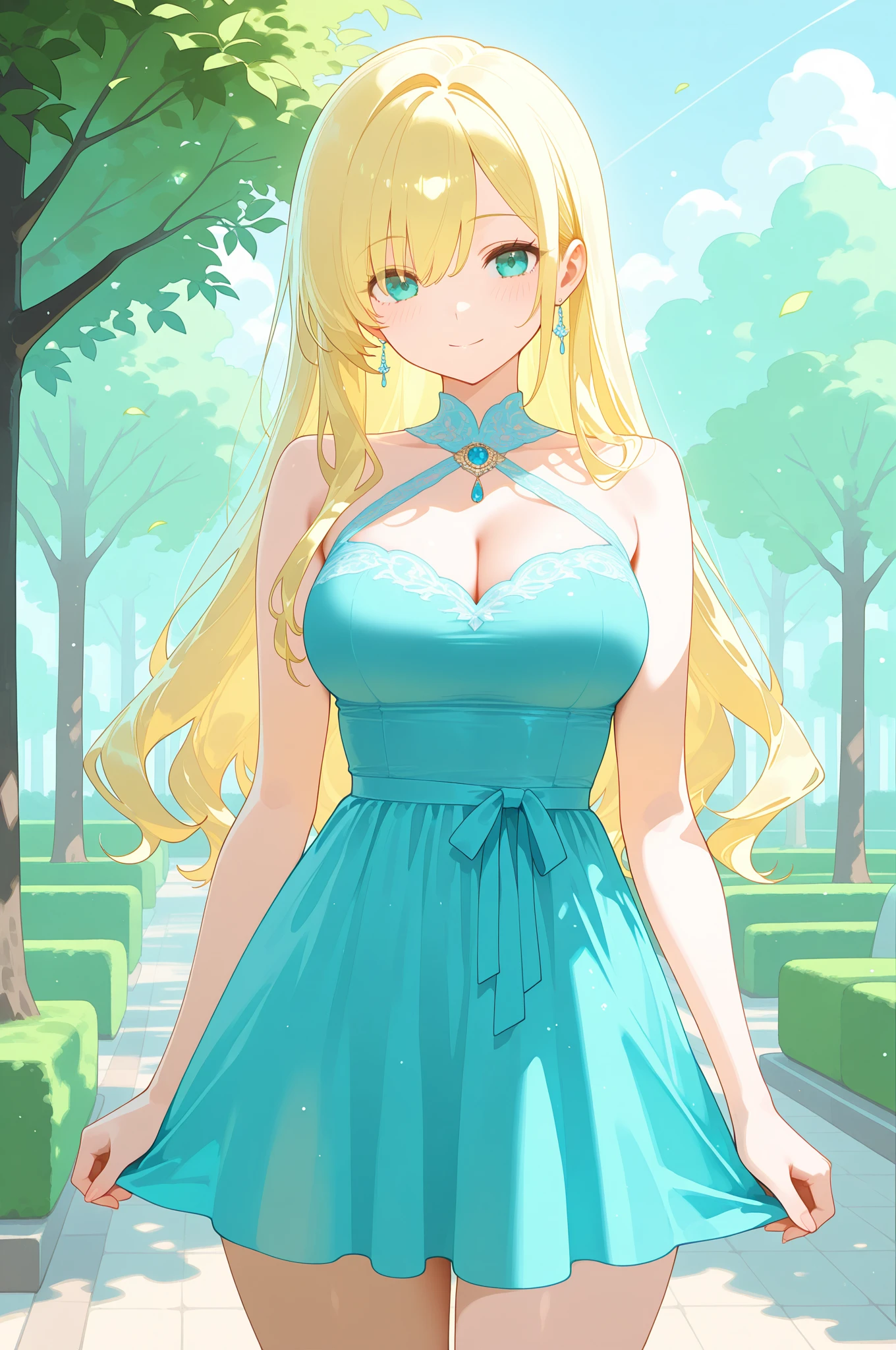 Tall Mature Women With Long blonde curly hair and Dark Blue Eyes , With Long black Eyelashes , Wearing Half sleeve Blue dress with slit open on sides , Full portrait, huge chest with cleavage , Hyper detailed eyes , hugh resolution, High quality, 4kHd , Masterpiece, Sharp Eyes , Long slender legs with blue heel sandles, Calm and regal Expression