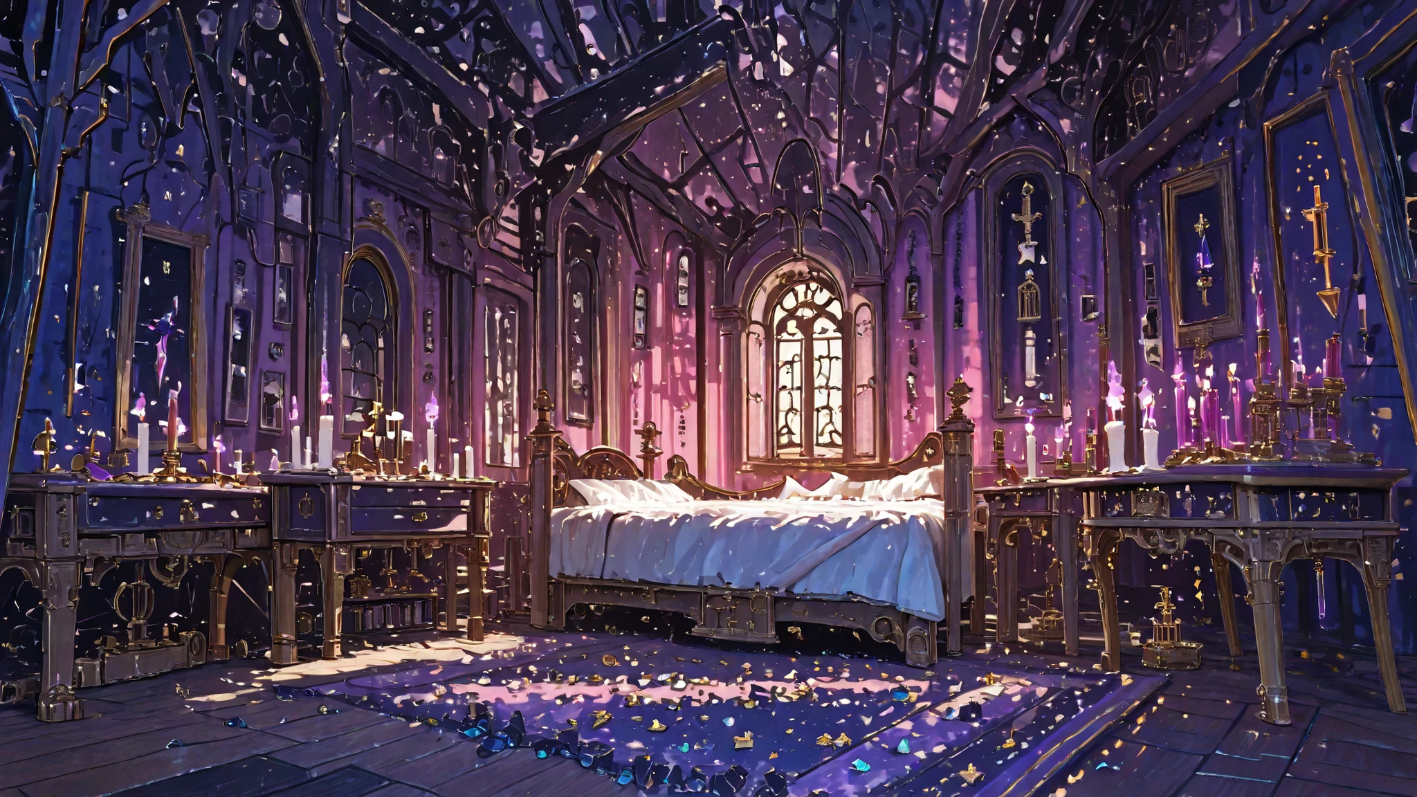 ((scenery,)) fixed perspective, no humans, masterpiece, best quality, cinematic lighting, highly detailed, details, ultra quality, HDR, 8k, ((amazing composition,)) (((score 10,))) (((loaded interior,))) black pink purple fancy interior, vanity, bedroom, bed, shelves, desk, tarot cards, diagonal rug, books, candles, crystals, altar, origami stars
