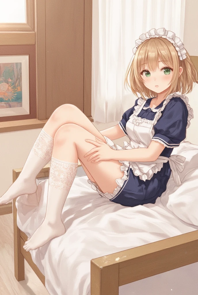 maid femboy on the bed while shaking his penis with his own hand