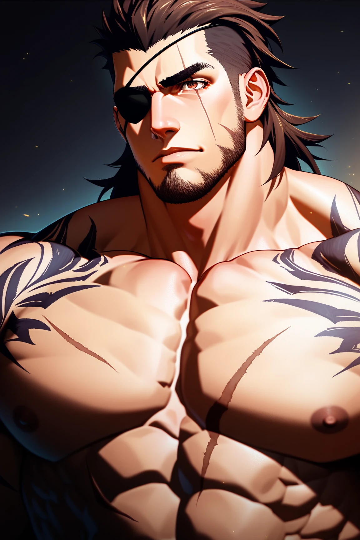 Male, short reddish-black hair, blue eyes, muscular and six-pack. He has a dragon tattoo on right arm. and a lion tattoo on the back, a pierced tongue, . Height 194
