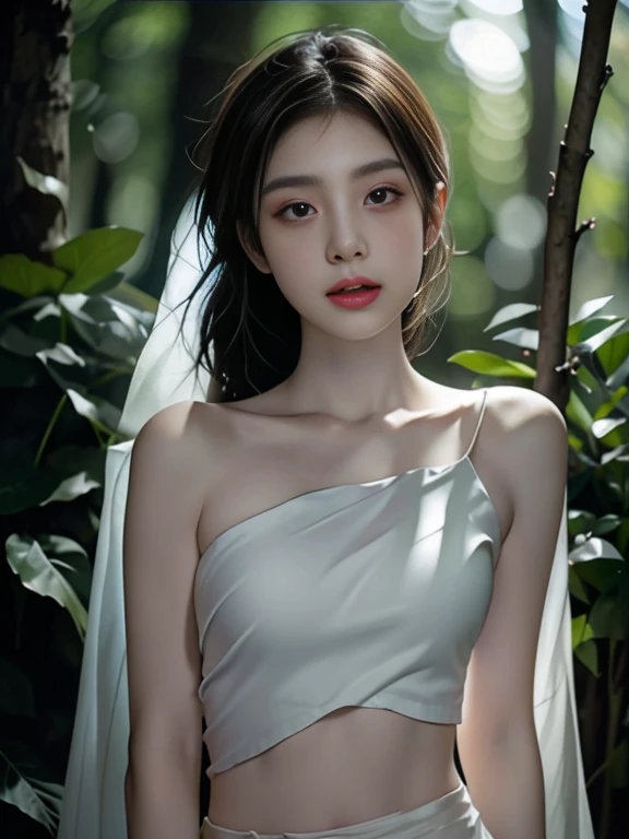 15 year old girl, short hair, yellow color, elf face slavic, freckles on the face, Skinny body, small bust, hugging naked, sitting on a tree trunk, in the forest at night, the sky full of stars