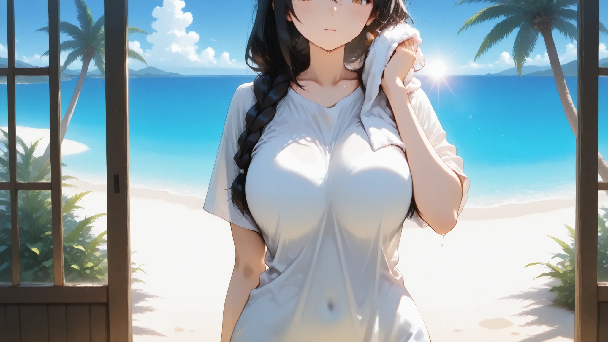 Beautiful girl, beautiful face, sweat, wet, sandy beach, shirt, shorts, showing stomach, big breasts,