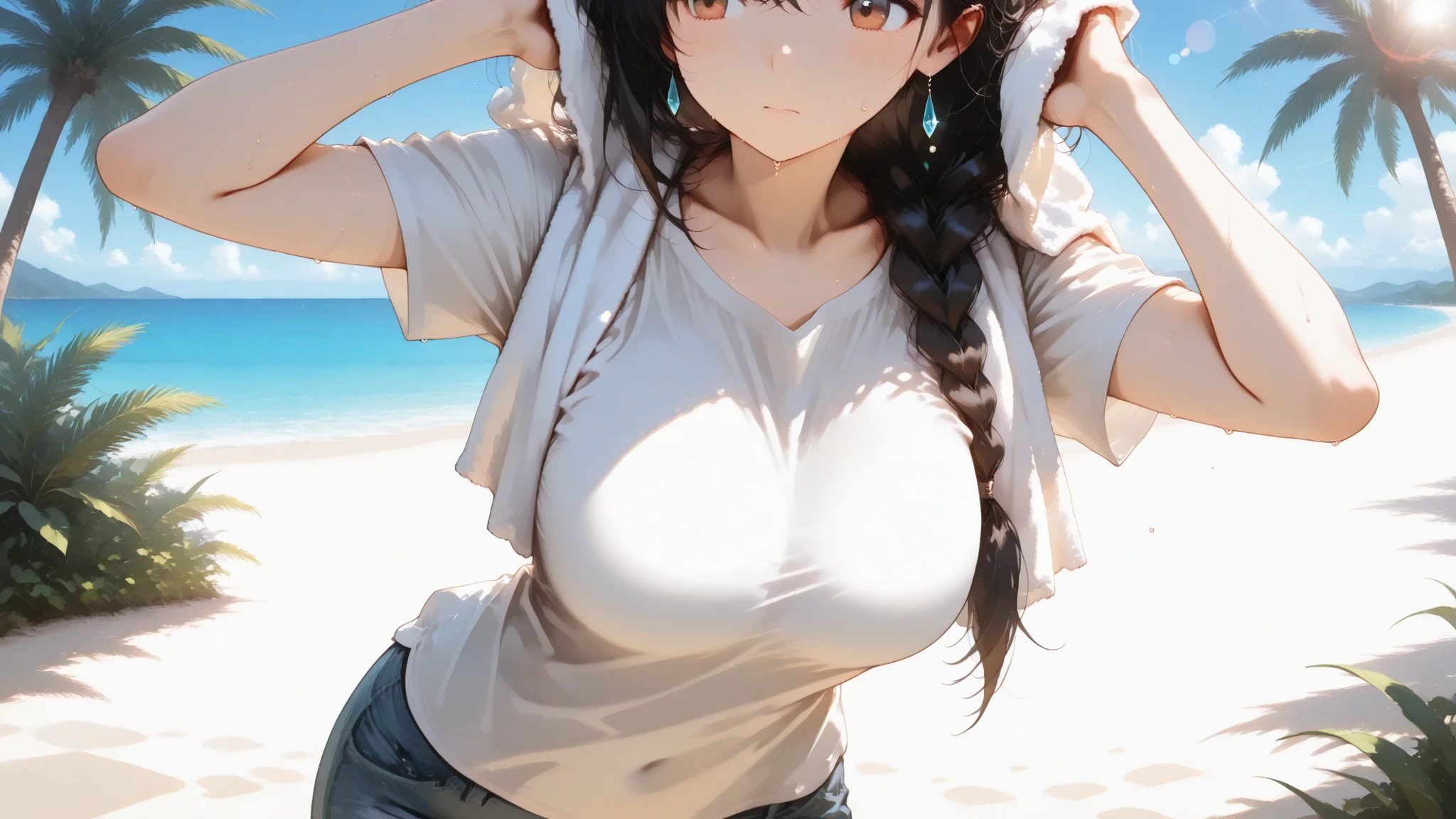 (masterpiece, Highest quality),1 girl々, One person々in, Absurd、現実inは捉えられないディテールと美しさ、hyper Realistic, Realistic,Realistic, whole :2,、(((Black Hair、Long Hair、She is very 美しい and cute、Beautiful long neck:1.8)))、Ideal body type、Beautiful long neck:1.6、Perfect Anatomy、自然in快適な照明、((Black Hair、White hair band))、Beach、Shyness、Red eyes、Yor Briar、Laugh shyly、Eye highlights、Blushing、砂の上in仰向けになっている、(((Sandy Beach、Beach)))、オイルin濡れている、Shade、topless、手in胸を隠す、Topless、手in胸を抑える、Red eyes、Sandy Beach