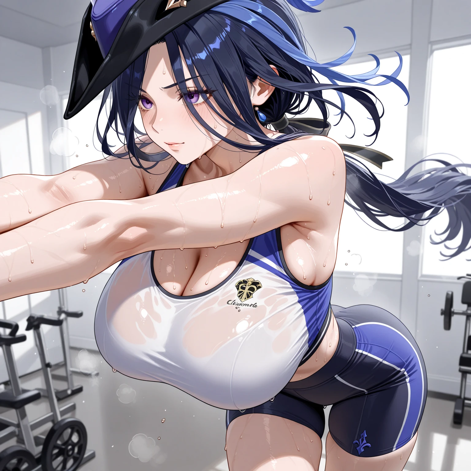 A dark MagicianGirl, big breasts, blue hair, blue eyes, thong bikini, small chin, perfect ass, boxing gloves, from behind and below, training in the rain