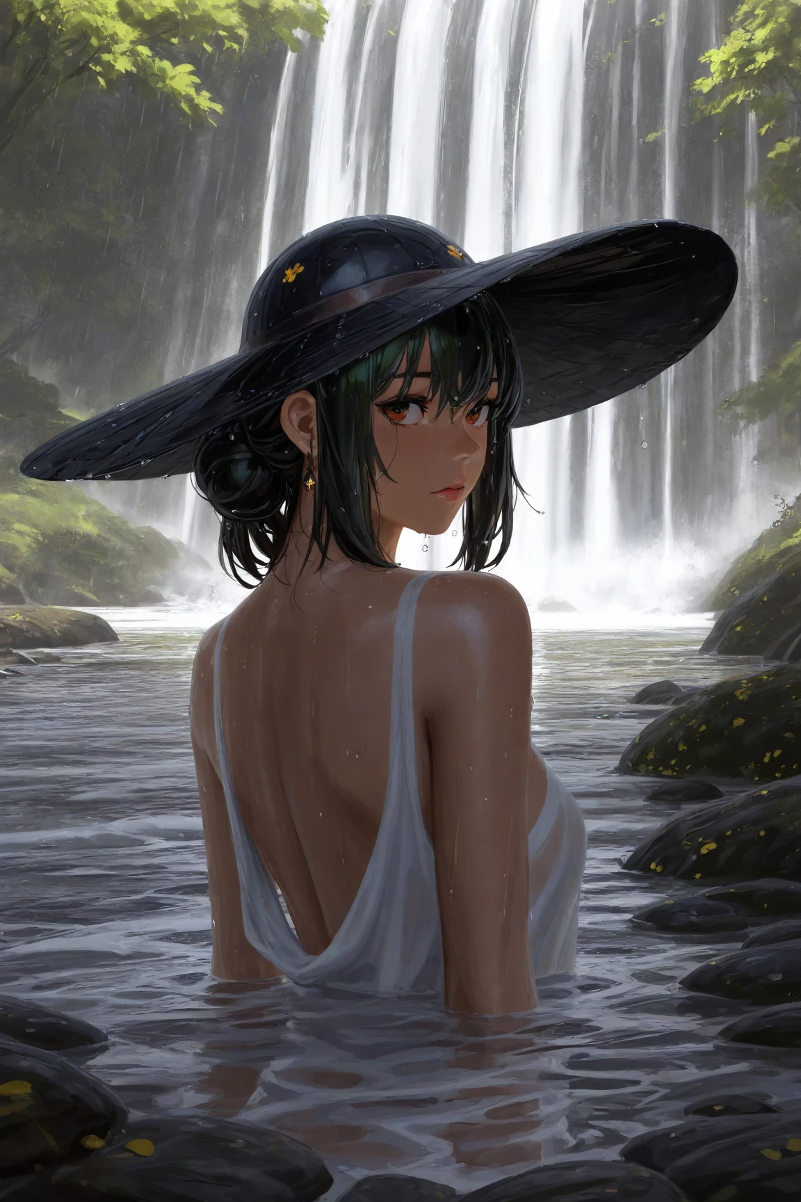 with bangs Asian green eyes,bikini
