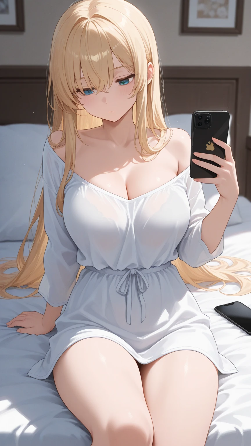 Please bring your smartphone、sit on the bed、((masterpiece、high quality、High resolution、4K, 8K, official art)),knowledgeable person、detailed face、fine eyes、 , revealing clothes, tits, Off-the-shoulder sweater dresses、big breasts、beautiful thighs、big breastsの谷間、Beautiful woman、Kirinaga's eyes、(slender body and limbs,), angle from above、((Condoms are scattered on the bed、Please show me your smartphone screen、Porn images on smartphone screen))、(throw)、Moles around the mouth、((clear eyes、double eyelid、evil smile))、thin chin、thin face