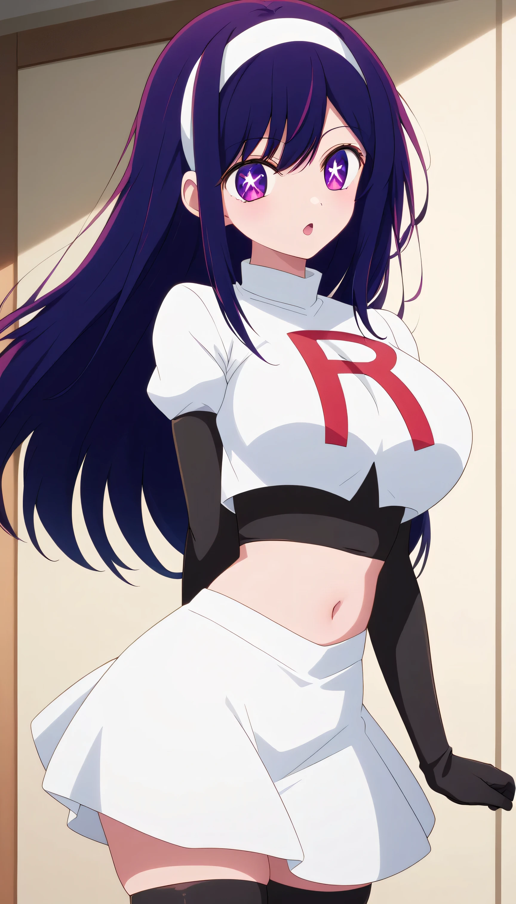 (masterpiece) ,best quality,amazing quality,very aesthetic,absurdres,newest, ai hoshino (Oshi no Ko), team rocket,team rocket uniform,white skirt,red letter R,crop top,black thigh-highs,black elbow gloves, 1girl, long hair, bangs, purple eyes, purple hair, symbol-shaped pupils, white hairband, hairband, sidelocks, large breasts, cowboy shot