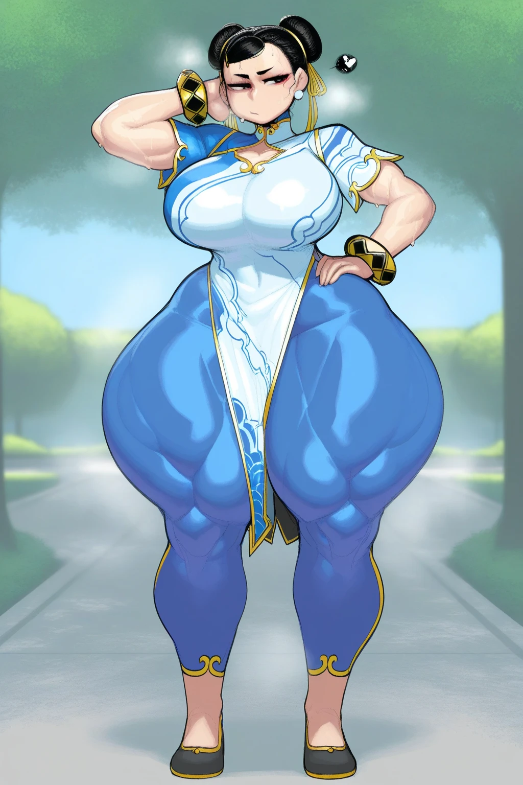 score_9,score_8_up,score_7_up, score_9,score_8_up,score_7_up, solo, CHUN-LI, brown eyes, double bun, yellow ribbon, blue bodysuit, crop top, sleeveless, ((full body)), ((huge fat ass)), thick thighs, (((gigantic breasts))), (((breasts expansion))), breasts spillage, underboobs, sideboobs, ((perky big puffy nipples)), ((long erected nipples)), big cameltoe, pouted lips, squinting eyes, embarrassed, (((her breasts grow gigantic larger))), ((breasts sudden growth spurt)), huge pregnant belly 