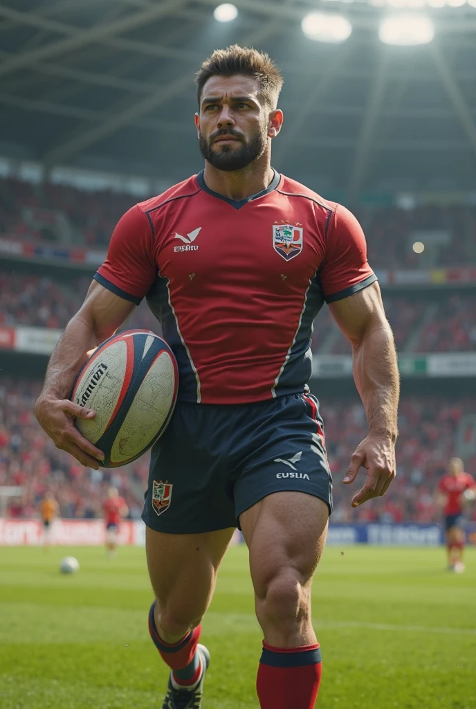 25 years old，A man , rugby player , muscular Italian ，with your friends , atrnas abiertas , shows his member ,Thick hair on chest , on the playing field, moustache，Masterpiece，High Definition，at，Socks ，