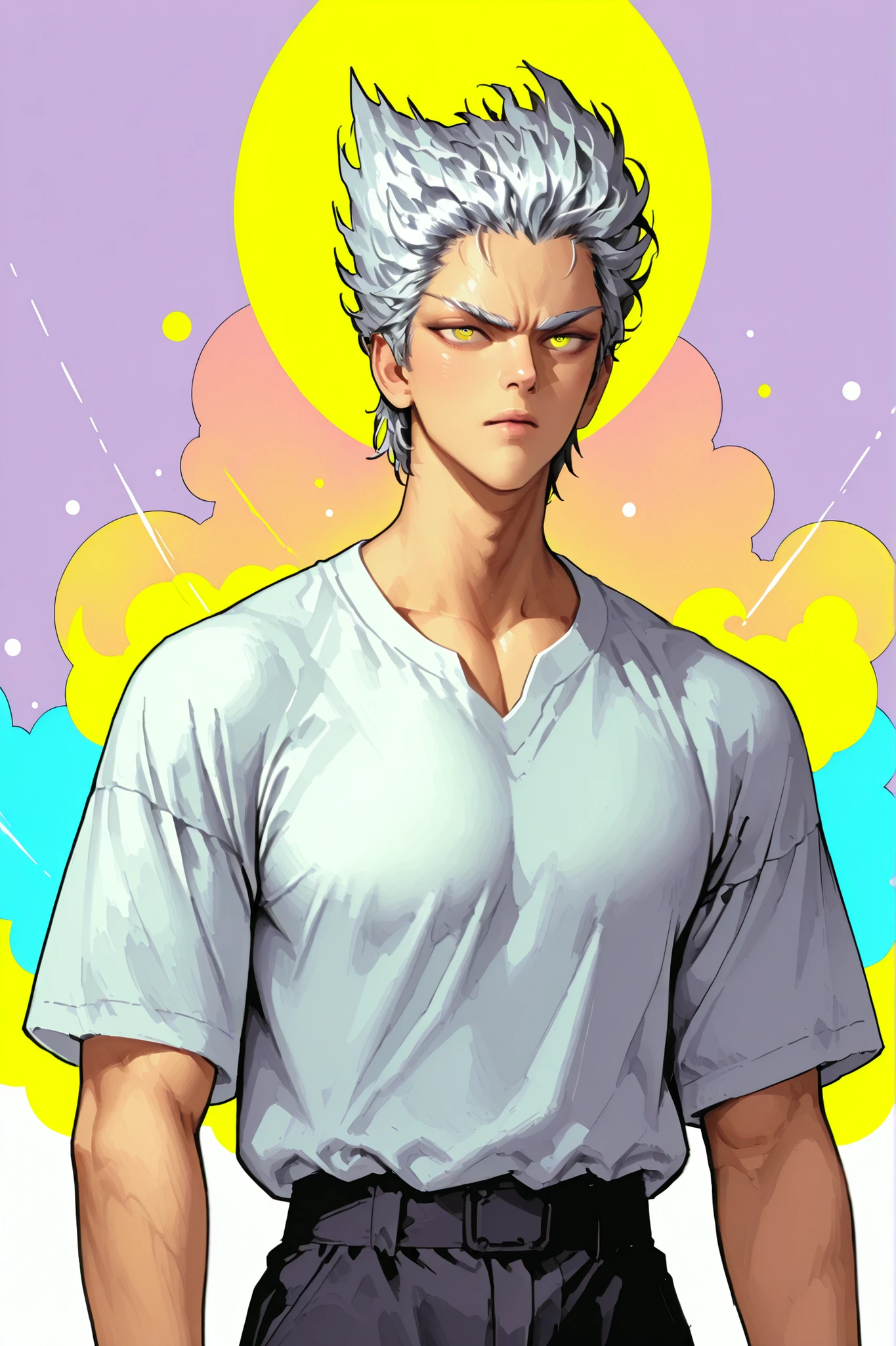 Colorful background with silver hair and yellow eyes based on Ok Taek Yeon's illustration, One Punch Man[Garou]. Garou 일러스트, Silver eyebrows, firm body, mature, realistic animation detailed expression, straight, Early 20s , HIGH QUALITY, male, The right pair of pants to wear as a top