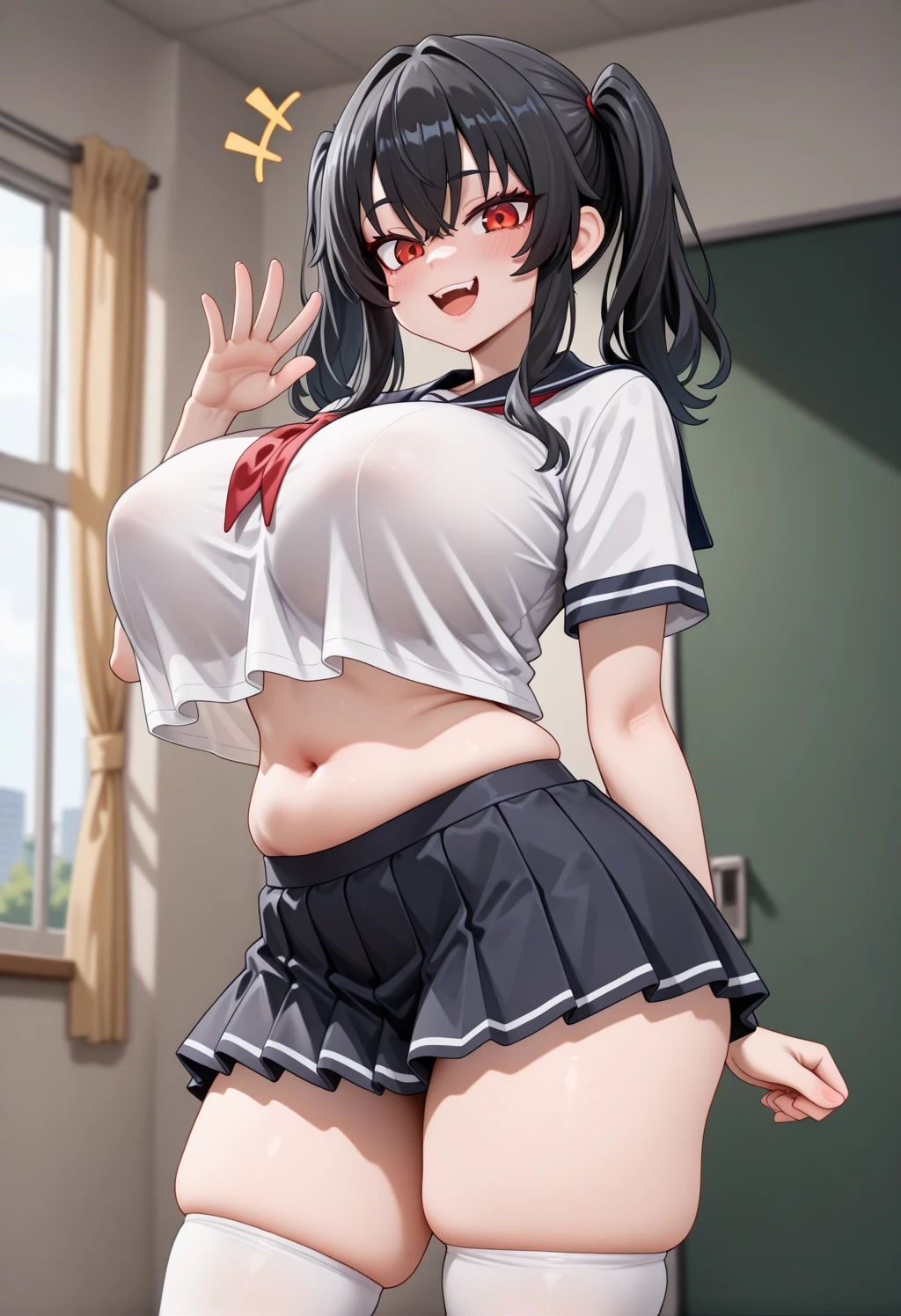 (high quality, High resolution, Fine details, Realistic), BREAK A hotel room with beautiful neon lights, Midnight, Break Solo, Curvy Women, Japanese Sailor Suit, Abdominal area only, skirt, Panty shot, Are standing, Braided hair, Sparkling eyes, (Fine grain), smile, blush, Large Breasts, Sweat, Oily skin, Shallow depth of field