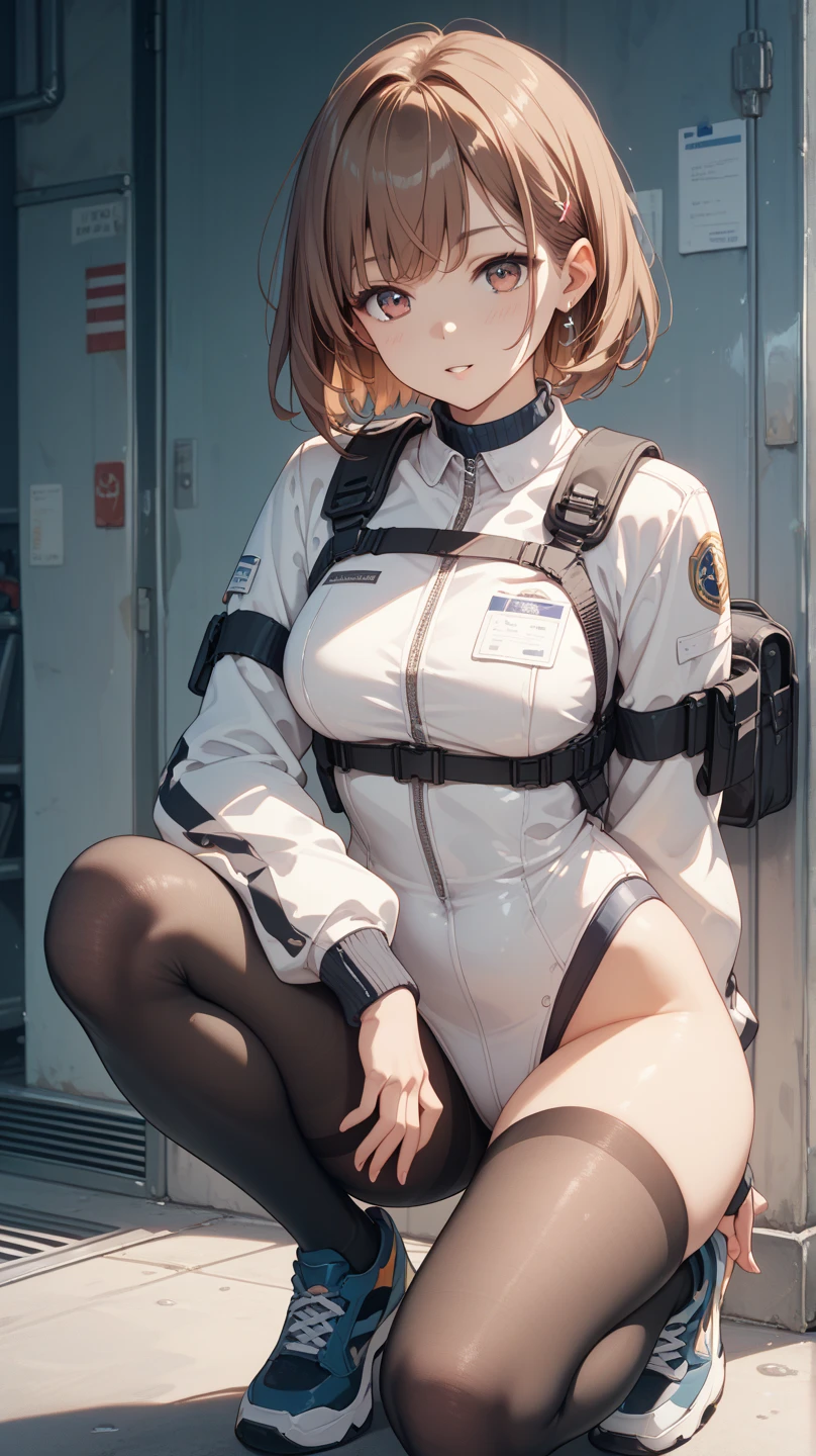 A Female robot is sleeping in a fridge, spread legs, nude, banzai pose. she wears no dress. She Brown short hair is tied with two big red clothespins, She lifts up the under hem of her white plain dress, leaning over, masterpiece, very short pigtails,brown hair, mature, android, blue eyes, full body figure, Height: 160cm, flushed cheeks, 2020s anime picture, A beautiful robot with short brown hair in two short pigtails held up by two very large huge red clothespins, Uplifting, No NSFW, whole body, barefoot, archaic smile, getting orgasm, 25 years old, sweat bucket. robot skin. She is inserted.
