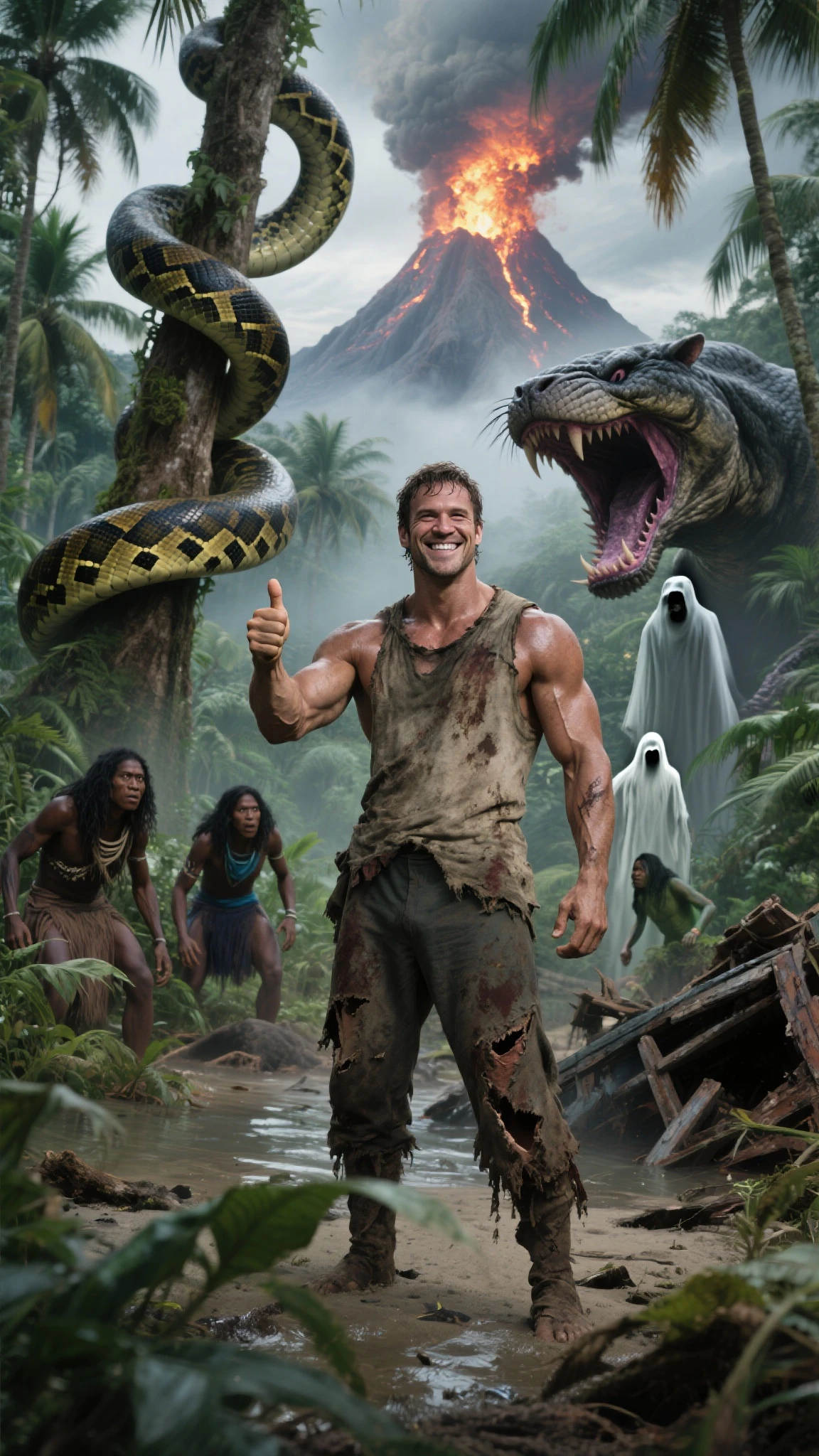 A muscular Indian running next to an ugly dark-skinned man with glasses and a double chin, and a white, brown-haired woman with a strange lesbian nose, They run from a hairless cannibal fat woman and black zombies