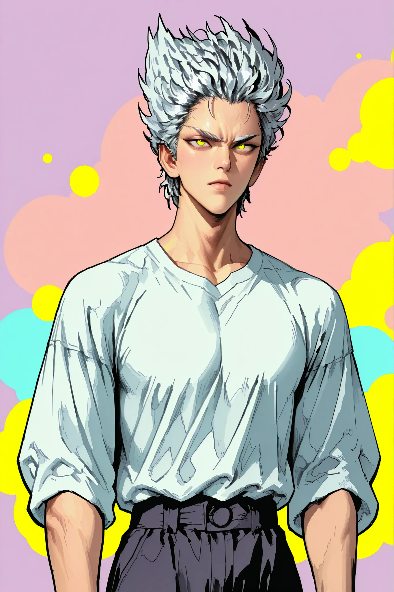Colorful background with silver hair and yellow eyes based on Ok Taek Yeon's illustration, One Punch Man[Garou]. Garou 일러스트, Silver eyebrows, firm body, mature, realistic animation detailed expression, straight, Early 20s , HIGH QUALITY, male, The right pair of pants to wear as a top