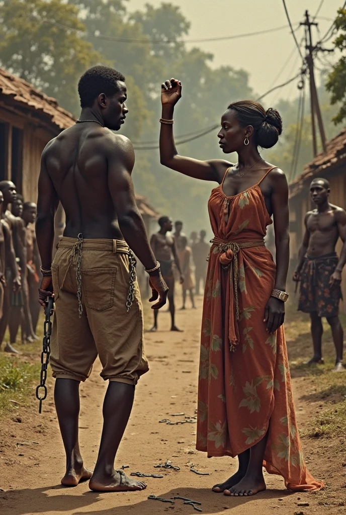 I need you to make me a picture of one (BLACK SLAVE)young woman from the 1490s singing to a (White man)  with wounds on the back 