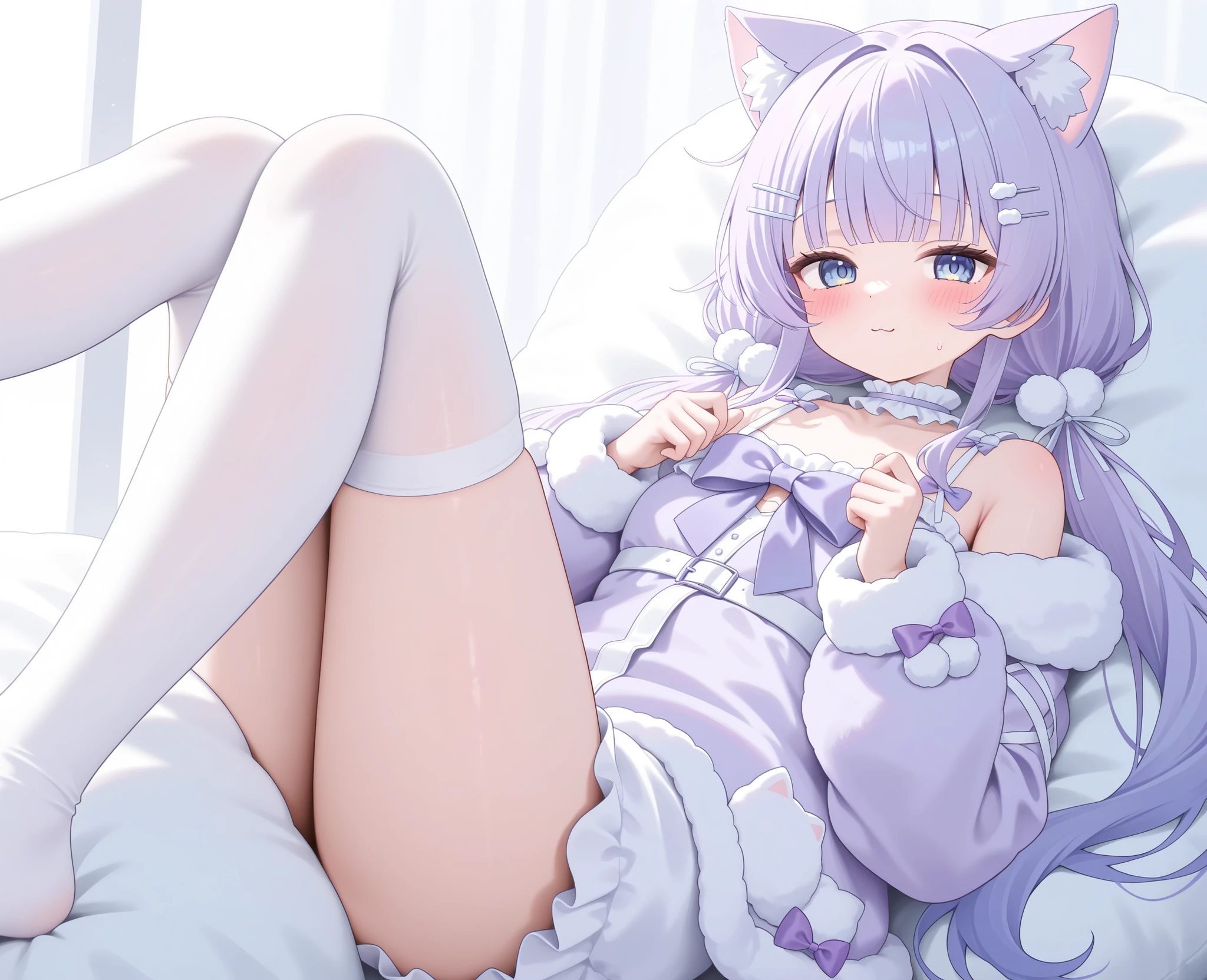 Pastel purple hair, cat ears, ear fluff, cute face, dark blue eyes, blush, white frilled choker, white thigh high socks with white straps, sweet ta, straight bangs, low twintails, pompom hair ties, pastel purple fluffy winter top with a pastel purple bow, 1girl, white hairpin, 