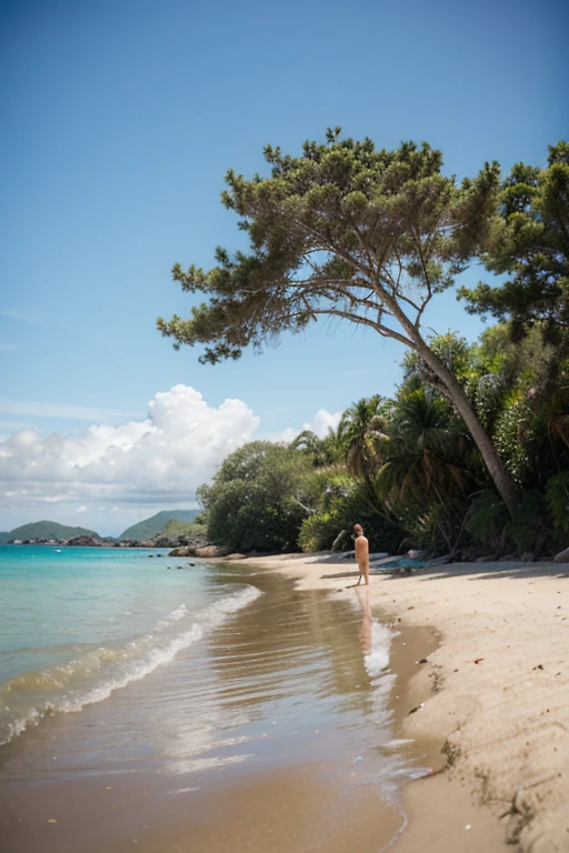 secluded beach, water, wide angle, sunrise, a female walking away from the camera on a beach