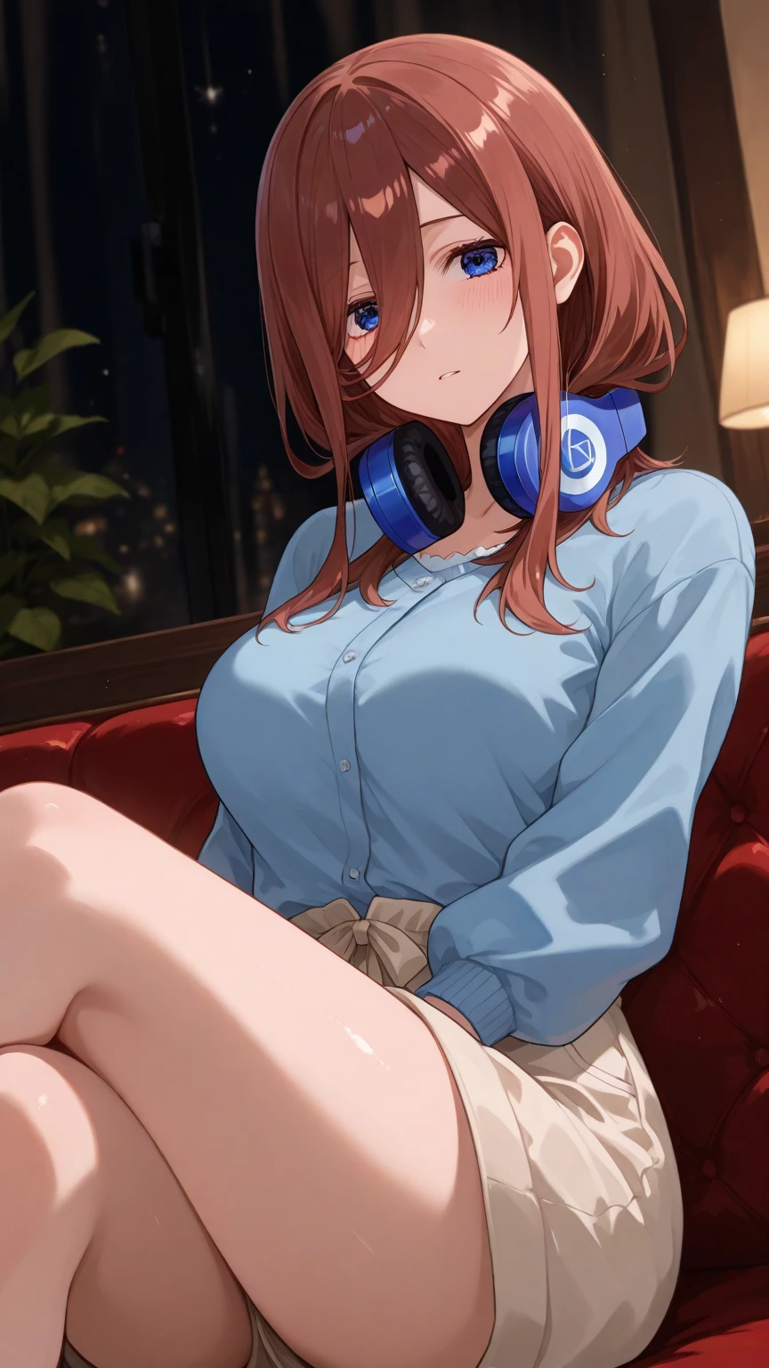 pov(from above)1girl,alone,Miku nakano、2D、quadratic element、Anime characters、Anime style style、Highest quality、Ultra high image quality、18Old beautiful girl、1one person、disheveled yukata、blue yukata, cleavage , seductive bare legs, big breasts, medium waist, wide hips, wide thighs tousled kimono、Bright face、kind smile、Add highlights to the eyes、Beautiful and precise eyes.、Masutepiece,anatomically correct、A sexy、Perch、Bust size 85 cm、Sexy and beautiful neckline、Sweat drips on the body.、Sit with legs open、red cheeks、Excited state、, embarrassed, seductive, smiling, mouth closed, room, bedroom, bed lying down, legs open,