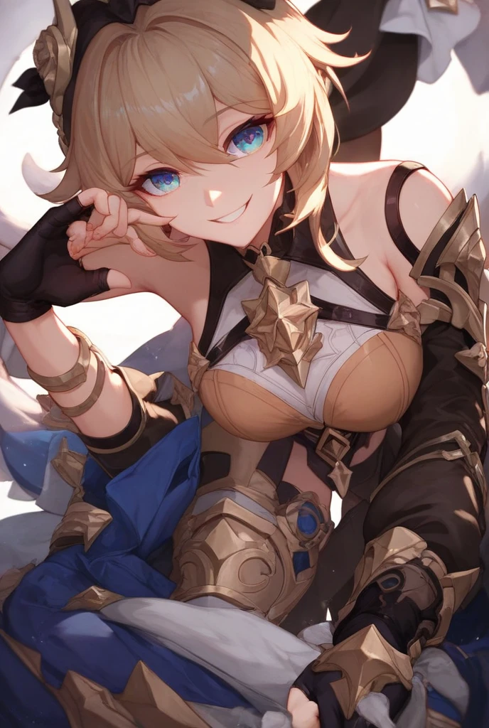 (masterpiece:1.2), (highest quality:1.2), perfect eyes, perfect face, perfect lighting, middle ages, bed, 1 boy,blonde　rabbit ears, aqua eye, ((((((hair over one eye)))))), Braid Styles, spiked hair, blunt bangs, bob hair, a braid, Ahoge, ((((white bikini armor)))), cute eyes, medium breast, glaring, open mouth, ((from above)), ((front)), arms behind back, Vivid depiction, ((spread legs)), orgasm, scared, , abs, ahegao, smile+happy, fang, spoken heart, ((face close up)), gossiper, hooded