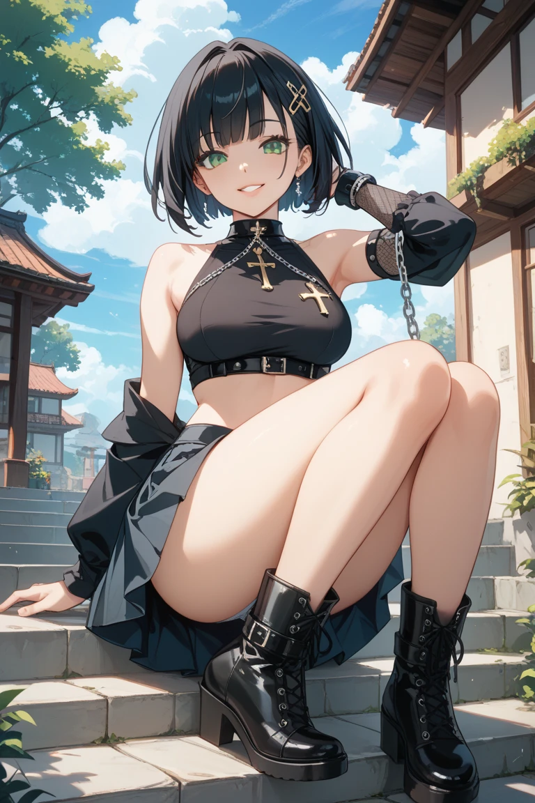 ((masterpiece, Highest quality, Very detailed)), 
NSFW, 
One girl, 20 years old, full makeup, black hair, bob cut, swept bangs, BREAK ((black eyes)), droopy eyes, thick thighs, medium breasts, 

looking at viewer, smile,  
BREAK squatting, spread legs, open knee, looking at camera, 

((lots of pierced earrings, silver chain necklace, silver bracelet)), 

BREAK ((white square neck cropped blouse with lace)), ((bare belly button, belly piercing)), (black pleated mini skirt with belt)), black heel sandals, BREAK ((skirt lift)), ((show off panties)), ((purple and black panties)), 

BREAK daytime, cobblestone streets and historic buildings are in the background, 