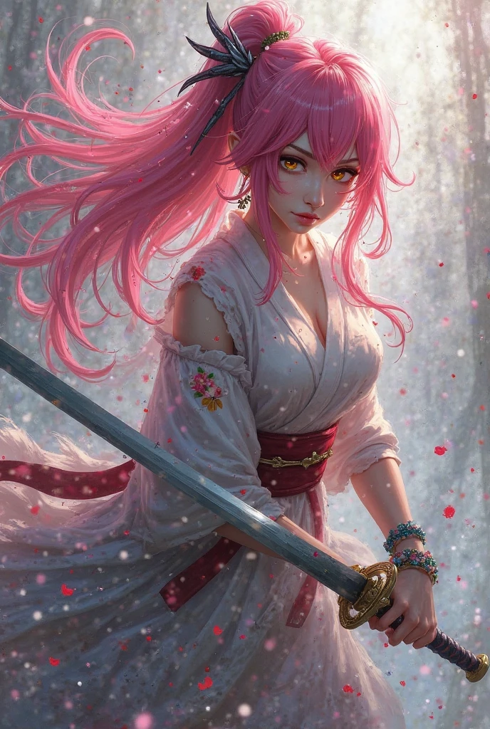 Fluttershy, Fluttershy of my little pony, big breastes, Lush breasts, elastic breasts, exuberant hair, rose hair, samurai, kimono , Serious, Katana in hand, big iron katana, very long katana, emphasis on the sword, shiny sword, view from bottom, Foreshortening from the ground, fishnet stockings, butterfly hairpin, yellow pink outfit, a lot of yellow, a lot of pink, beste-Qualit, tuned face, Very detailed, Butterflies, animals around, Nature, river and stones, Sakura, Sunny day