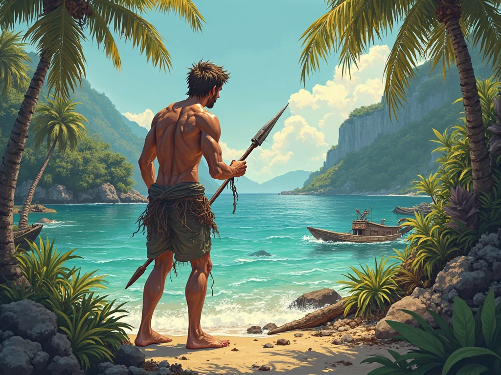 A photo of Chuck carefully fashioning a bow and arrow from a sturdy piece of wood and vine.,Cast Away (film),Chuck Noland, portrayed by Tom Hanks in the film “Cast Away,” is currently stranded on a deserted island in the Pacific Ocean. Sunburnt and bearded, with long, unkempt hair, his physical condition reflects the harsh realities of island survival. He has a rugged, weathered look, with tattered clothes and a leaner physique due to the scarcity of food., male