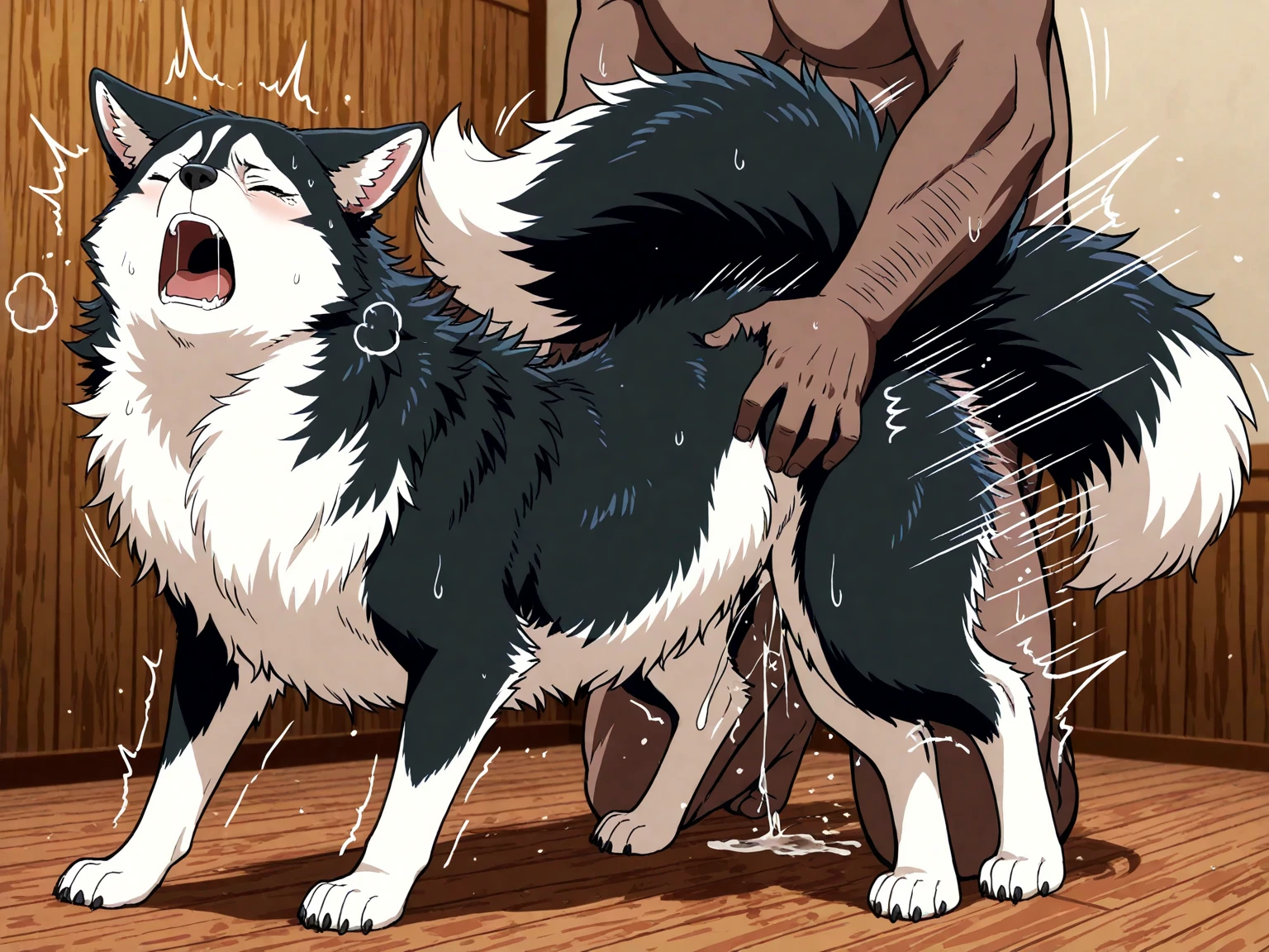 score_9, score_8_up, source_anime Bibl3, milf, blue hair, ponytail hair, huge breasts, wide hips, viewed from behind, large breasts, sex with large dog in bathroom, male doberman, black and brown dog, sex from behind, doggystyle, on fours, rough sex, huge dog penis, cum in pussy, detailed pussy, detailed dog penis, excessive cum, big ass, ass focus, pretty girl, orgasm, knotted, inseminated, creampie, impregnation,