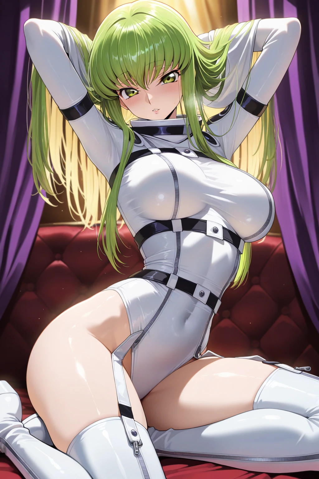 Code Geass, C.C, 1girl, (((bimbo))), Long green hair, yellow eyes, puffy lips, painted lips, thick lips, wide hips, thick thighs, big breast, huge ass, revealing cleavage, erotic, Sexy face, bubble butt, camel toe, Breasts, Brazilian butt lift, white suit, tight suit, ass posing