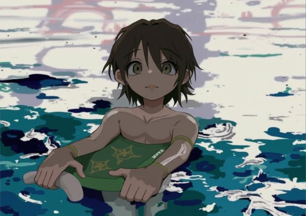 Boy teenager sitting in the water,Naked,with fair skin,ssmile,Diving tools