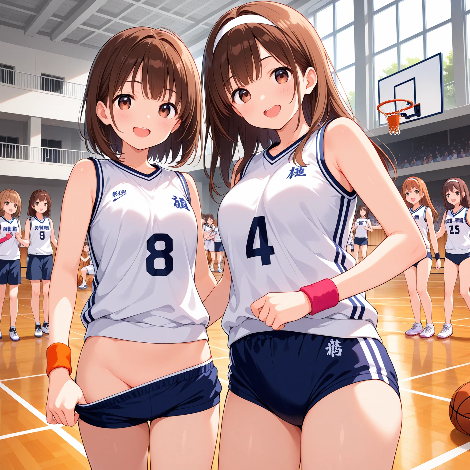 unity 8k wallpaper, anatomically correct, (((masterpiece))), (((best quality))), (((ultra detailed))), (((high-resolution))), ((super fine illustration)), ((Ultimate cutie)), ((detailed beautiful face)), perfect hands, perfect finger, (((good anatomy))), BREAK, multiple girls, lovingly gaze, harem, group picture, 17 years old, (potbelly), (Curve), medium breasts, ((thick thighs)), Shiny hair, (((coquettish smile))), (((blush))), BREAK, Adidas, Sleeveless collared Volleyball Uniforms, ((wristbands)), BREAK, (Hold the beautiful spherical 6-inch volleyball), ((Sweat)), (perspired), (Heavy breathing), in gymnasium, in volleyball court, depth of field, strong light, cowboy shot,,