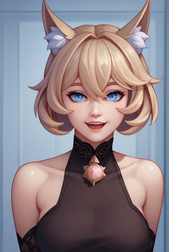 (masterpiece), best quality, expressive eyes, perfect face, a woman is in a long gown and wearing white gloves, 1girl, solo, breasts, purple dress, long hair, large breasts, tiara, red eyes, cleavage, smile, blonde hair, jewelry, bare shoulders, ponytail, grey colored skin, necklace,