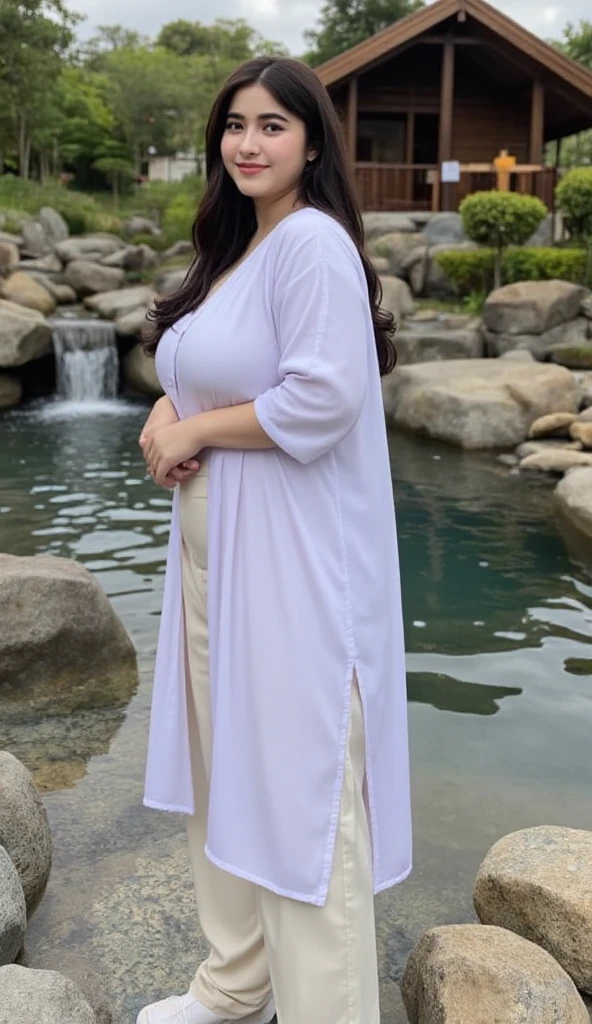 Beauty, Mystical Eyes、Big 、Super sexy、Pale skin、Shiny Hair、Brown Hair、Super long hair、Are fat、smile、Heavy makeup、Pink lipstick、Thick lipoisturized lips、Plump、Voluptuous、Indian、Blue sky、White cloud、Back view、looking at the camera
