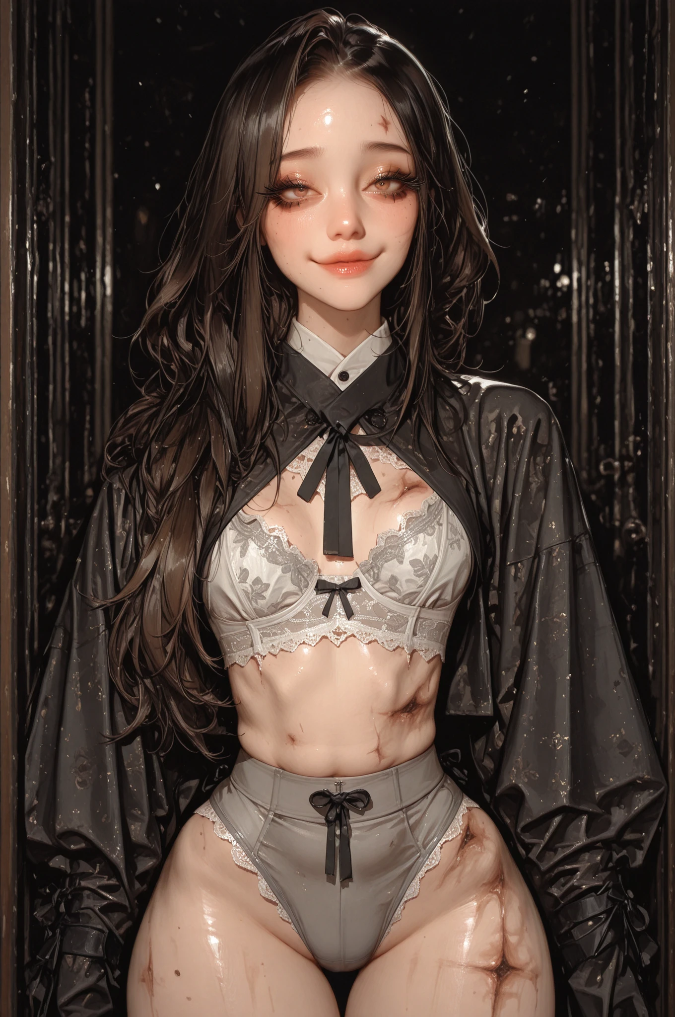 (masterpiece),1girl 13 years ultra high quality, expressive eyes, perfect face, (leather necklace on waist) ,(((sexy hair on pussy and belly))),((dark hair visible in panties)),seductive gauze, green eyes, shape, rosy cheeks, sexy glasses, looking down, ((wet tight t-shirt)), small chest perfect, thin waist, perfect ass, (((super small white lingerie skirt transparent))),lingerie inside wet pussy,evil smile, ultra-realistic, fov, hair in braids, hands tied afterwards, detailed eyes, 8k, realistic photo, cymetrical eyes, absurd quality,tight black t-shirt giving a fuck