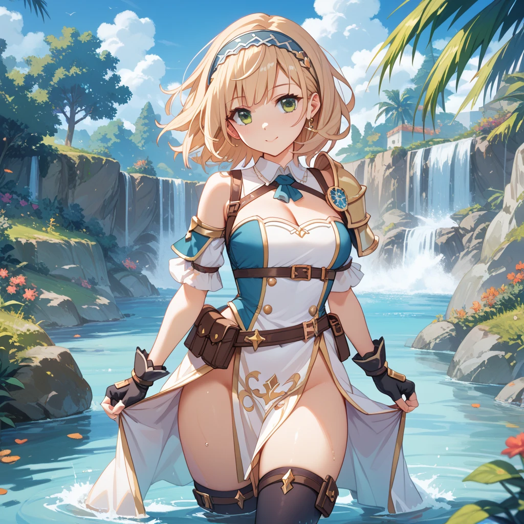 (Obra Prima), (Max Quality), (Ultra Detail), (Best Anatomy), Official Art, One Girl, Light-Colored Hair Loli, Petite Girl, Saint, See-Through Robe, Small Breasts, Cleavage, Off Shoulder, Underboob, Side Boob, Thigh Focus, Navel Bared, Low Angle, Wet and See-through, Deep Forest Fountain