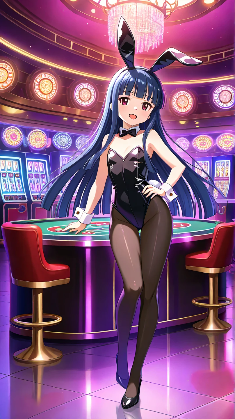 Wearing a bunny, she has her body turned away, but her face is looking towards this direction., black hair, long hair, casino, smile, tsundere, back