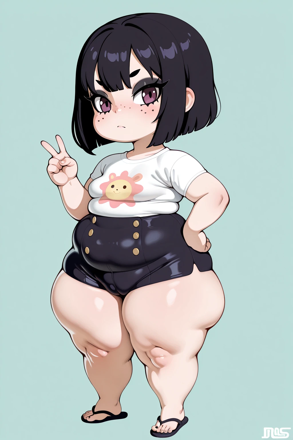 a girl with blue eyes and black, very fluffy  hair.small, (she looked like a soft toy, she is very plump., especially in the hips and chest. she is very cute and small,wearing a black T-shirt and short shorts