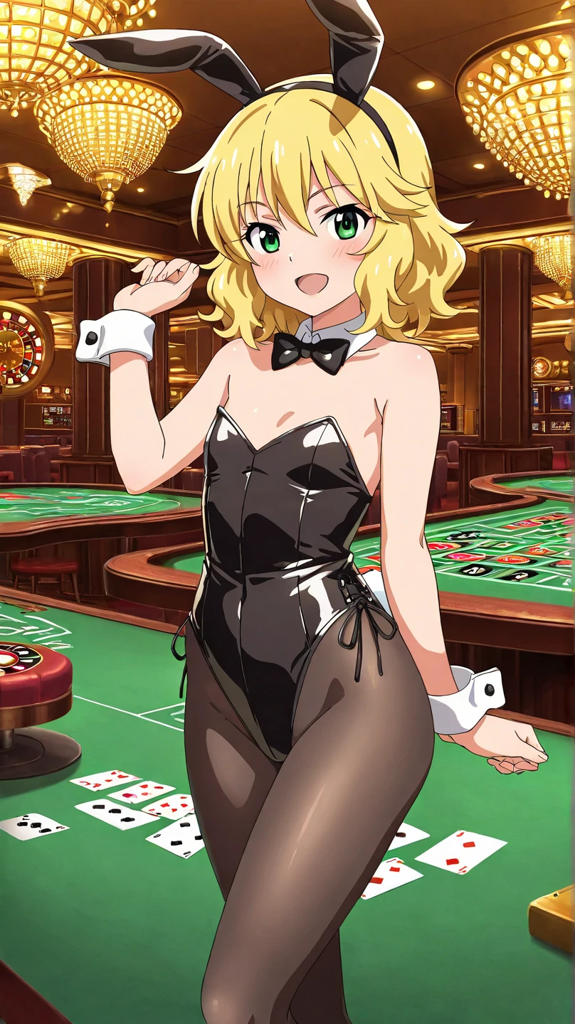 (masterpiece, best quality, 8k:1.2), (anime), sena, long hair, Blonde, hair ornament, glamour, Large medium breasts, (Bunny girl, Black tights, Casino, Behind, Buttocks, Blush), dynamic angle