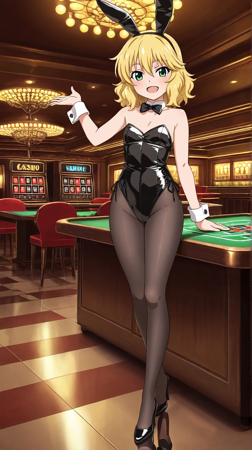 ((Best Quality)), (ultra-detailliert), ((Extremely detailed)), (Beautiful), ((Kawaii Girl)),(two side up hair)、((masutepiece)), ((Platinum Blonde Hair)), Long hair, hair between eye, Wavy Hair, Long sideburns, Jade-colored eyes, White skin, Colossal tits、(Rabbit ears), Slender body, ((Black Playboy bunny)), Fishnet tights, High heels , ((Casino)), Standing, full body, One Woman, Anime style,