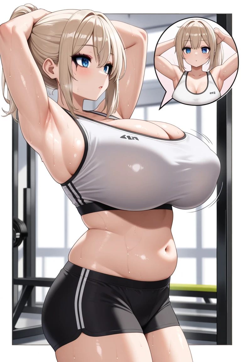 gym, exersice, workout, hot, sweating, sweaty, tan, big boobs, tan skin, lifting, flustered, blush, pink clothes, see thru, in pain, sitting, sitting on ground, resting, blonde hair, earrings, gyaru, ponytail, blonde hair , older girl, black ground, black floor, inside gym, plum, closed eyes, clenched teeth, blonde