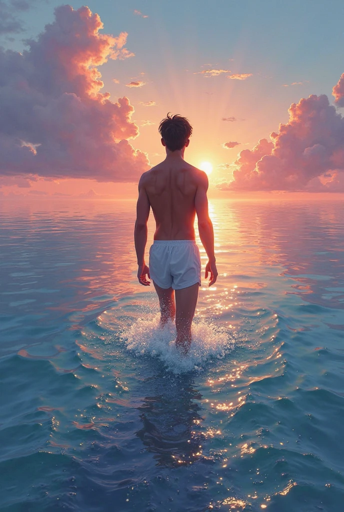 Man, long hair, red lips, high heels, walking on water