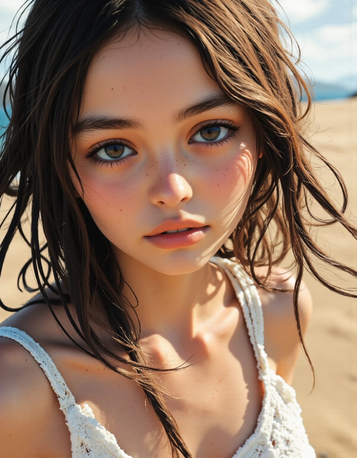Portrait realistic face,  1girl,  tagme,  18 years,  (((((naked))))),  outside,  clear face,  (((tanned skin))),  frisky hair