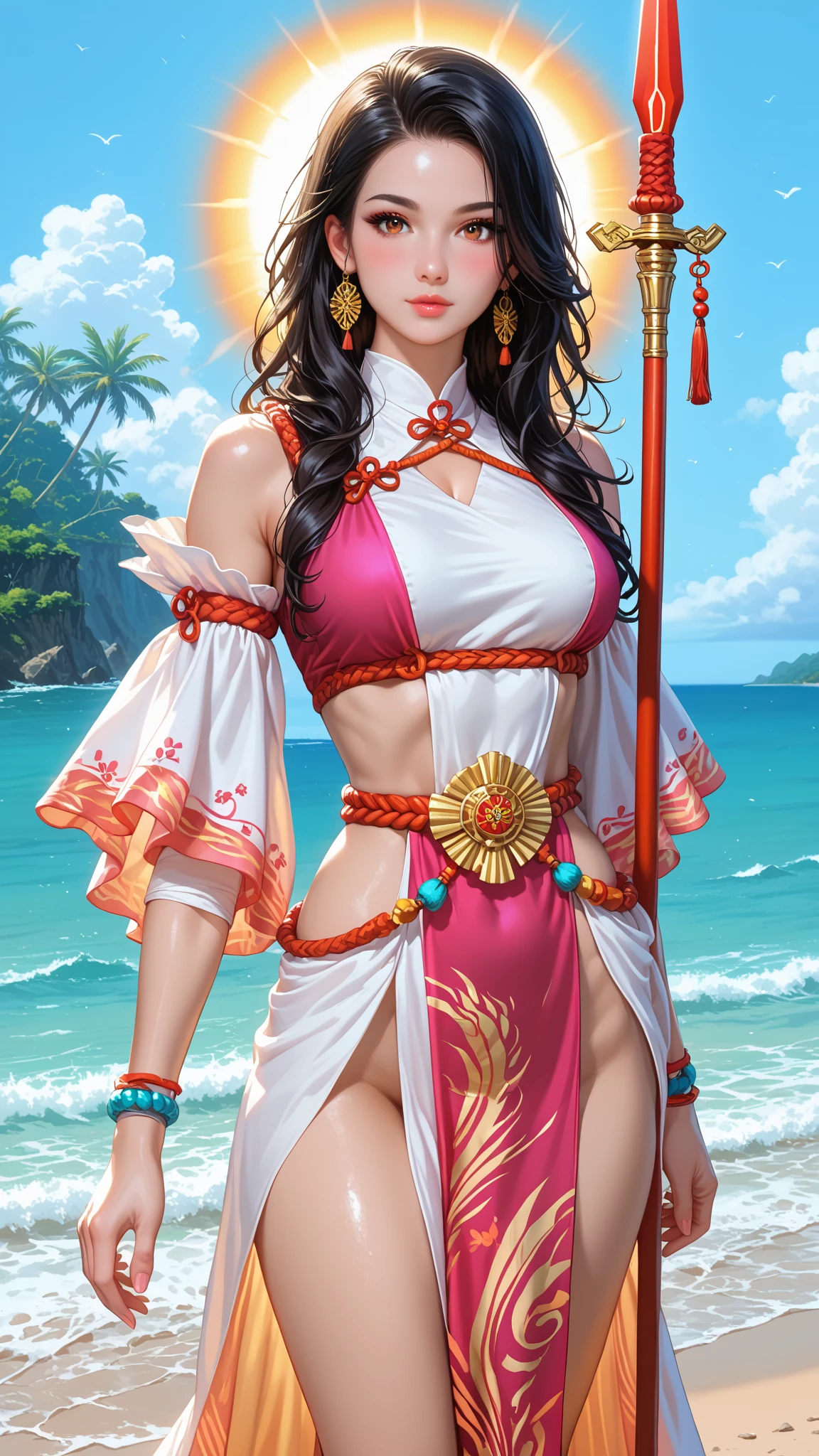 /imagine prompt: A hyper-realistic full-body shot of Boa Hancock, showcasing her elegance and strength alongside her gigantic snake. The scene should be in high definition with vibrant colors, featuring Luffy's pirate ship prominently in the background, sailing on a vivid, shimmering sea. Capture the dynamic atmosphere of adventure and the beauty of the ocean, ensuring that both Boa Hancock and her snake are striking focal points in the image. --v 6 --ar 16:9 --q 2