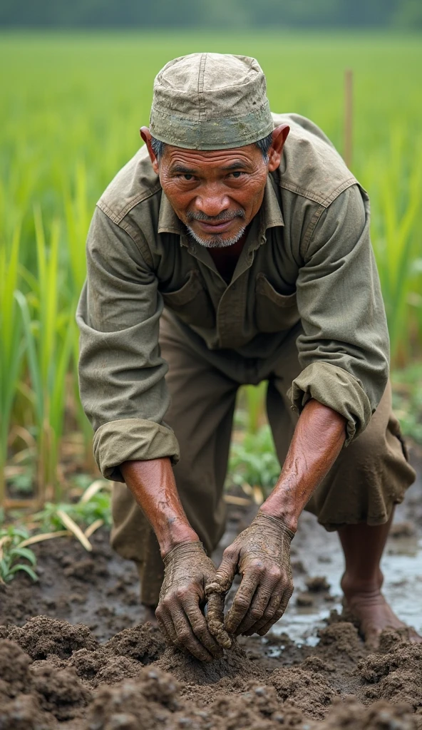 The picture shows a Thai man lying on the ground with a shovel in his hand, looking like she is digging up his own land.