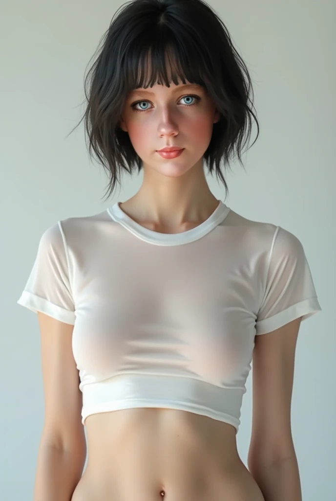 (realistic, photo-realistic:1.37), (8k, RAW photo, best quality, masterpiece:1.2), at class room, cute, ultra-detailed, physically-based rendering, ultra high res, in the morning, 18 years old girl, looking at viewer, photorealistic, realistic, solo, photorealistic, best quality, extremely detailed face, extremely detailed eyes and face, beautiful detailed eyes, haunting smile, ((complete closed mouth)), ((straight hair)), short bob hair, slender, slender arms, big breasts, ((erected nipples)), no brassieres, pure white summer sweater, cowboy shot,