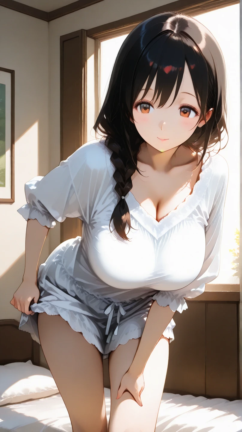 (Highest quality:1.2, Manga works, Color、Manga style, Very detailed, Latest,Baby Face、15 years old、Black hair high ponytail、 Short Ponytail、Vibrant, デジタルColorリング, High Contrast, masterpiece:1.2, Highest quality, Best aesthetics, There is), ((( 1 female:1.2)))、necklace, (White sexy sheer see-through bra:1.5)、(White sheer panties:1.3),(Protruding nipples:1.2),Beautiful thighs, Open your mouth, Sensual look、Voluptuous bust、On the bed、From below、Nice body、Plump、(Squat with your legs wide apart:1.3)、(Pussy:1.5)、(Emphasis on the crotch:1.5)、(Lean your upper body:1.5)、Two legs,(Urinating:1.3)