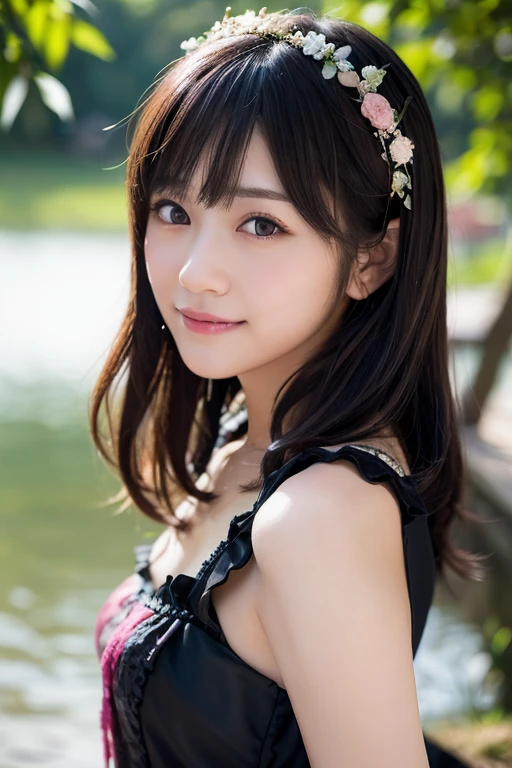 (masterpiece:1.4), (best quality:1.4), ultra high res, ultra high resolution, ((detailed facial features)), HDR, (realistic, photorealistic, photo-realistic:1.37), full body, sexy seductive Vietnamese woman, (seductive smile), (slim girl), long lashes, multicolor metallic makeup, vivid colors, (multicolor very short hair), fair skin, elegant posture, wearing large sparkling colorful jewelery, wearing a red Lolita cosplay dress with black floral embroidery, rainbow-colored butterflies flutter around, it is in a Eastern setting, japanese park in background, lush garden, sunny, in focus, gentle sunlight shining, casting a soft glow on her face, adding warmth to the scene, vibrant colors, capturing the essence of vibrant city life, portrait style, showcasing her natural beauty and grace in a feminine way