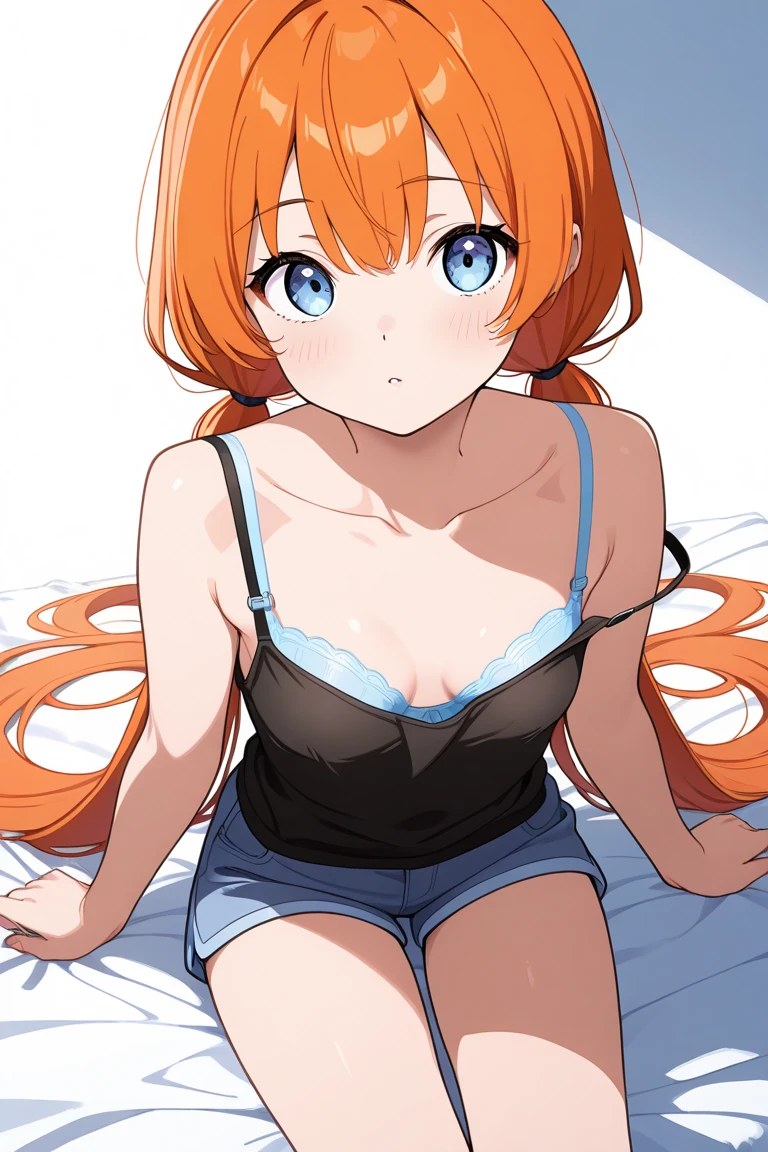 (masterpiece, best quality), 1girl, misty_"pokemon", 8k, orange hair, side ponytail, big breasts. yellow crop-top, denim mini shorts, red suspenders, beautiful blue eyes, cleavage, big breasts, blushing, masturbation, lying, lie on bed, Grab your own breasts, underboob, visible bellybutton,