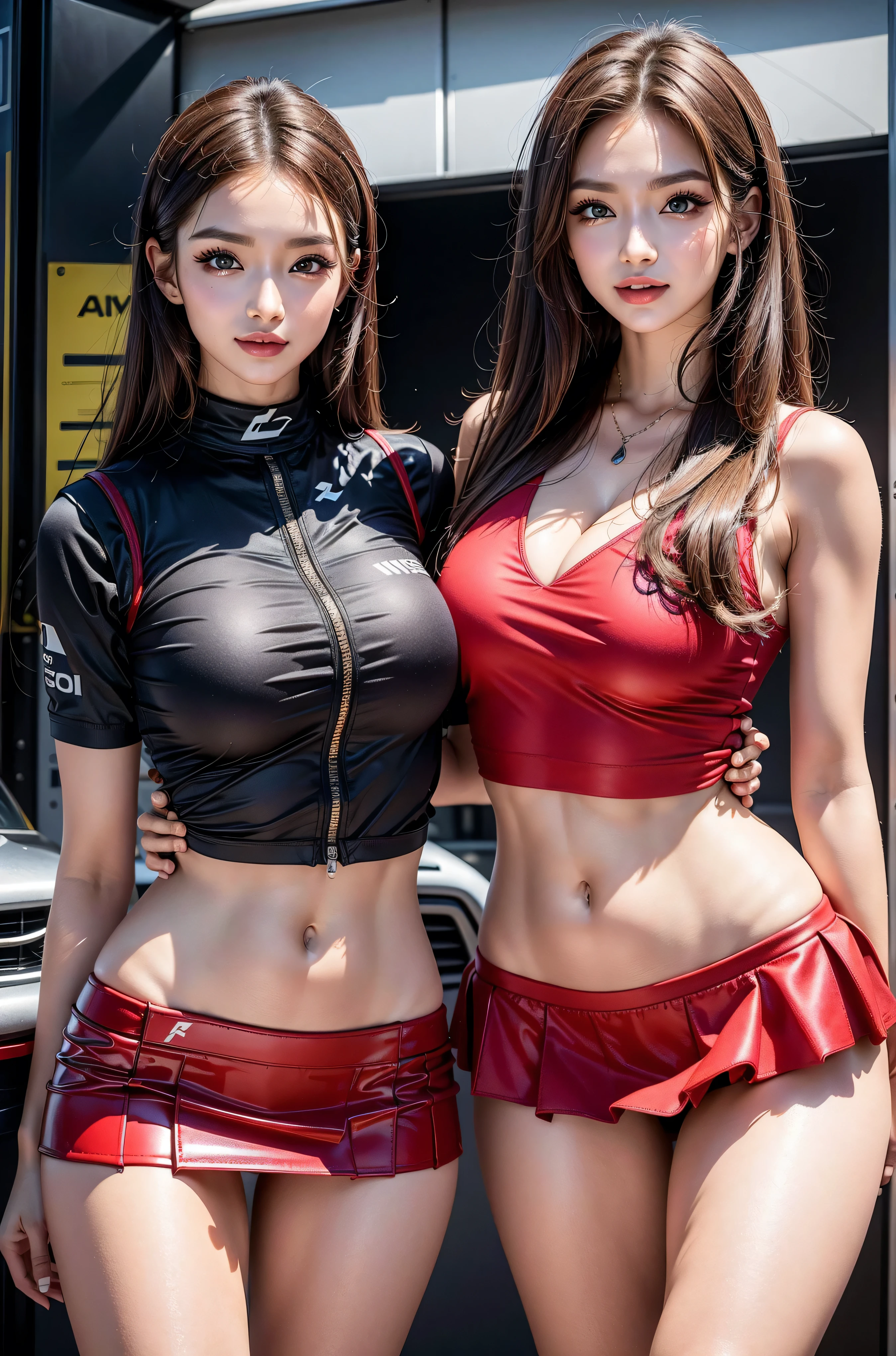 (masterpiece), ( MotoGP Racing Girls), (Eyeliner:0.5),(blush:0.5), Black Hair, A faint smile, Refers to a beautiful and delicate girl, Extremely detailed eyes and face, Beautiful and delicate eyes, , ((MOTOGP events)), (MotoGP track background), (best quality, high resolution, Reality, The original, 8K,masterpiece, ),(((Dynamic poses))),(((Midsection perspective))),(((Showing the underside of the chest ))),(((Red Mini Skirt Lift))),(((Bare inner thighs))),(((Formula One cars on display))), (Vibrant colors:1.2), (Beautifully),