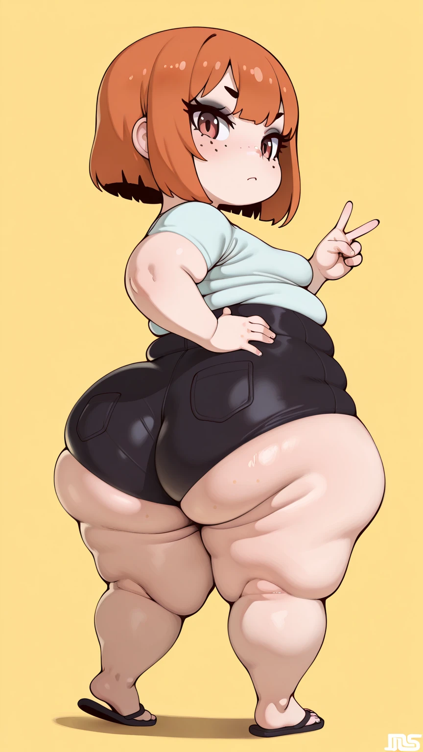 score_9, score_8_up, score_7_up, source_anime BREAK 1girl, VelmaXL, 1girl, solo, short hair, brown hair, shirt, glasses, socks, knee highs, turtleneck, freckles, orange t-shirt, short sleeves, full view, brown eyes, large breasts, huge breasts, skirtless, white panties, looking behind, rear view, fat ass