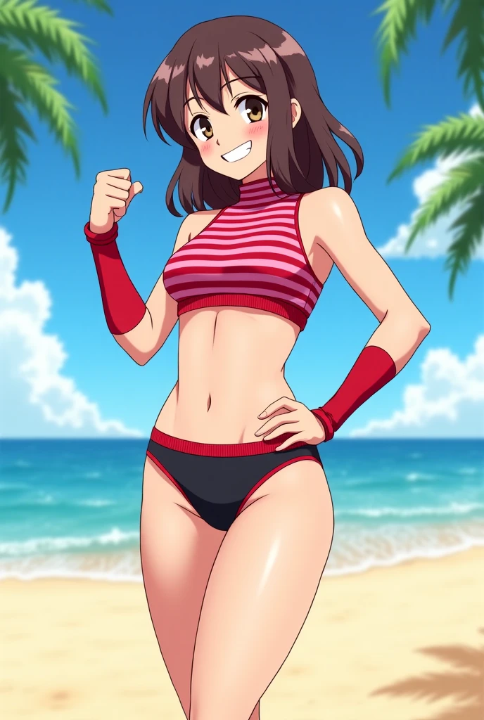 masterpiece, best quality, beautiful art, high resolution, well formed hands, body and fingers, 1 woman, solo, Karin Maaka, grown up , adult, hair ribbon,big breasted, cleavage, full body, long hair, hair ornament gorgeous legs and thighs, cosplaying as Mai Shiranui , she is fighting in a combat match at a martial arts tournament, she is getting ready to fight, making her guard pose, action and fighting scene, about to hit the viewer, looking at the viewer, sweating , feeling confident and proud, smiling joyfully and happily, charming her opponent with her beauty, bouncing breasts, fighting scene, martial arts tournament on the beach